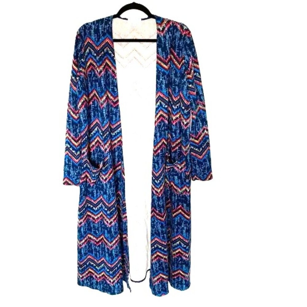 Cardigan Large Long Sleeve Chevron Zig Zag Blue Red Yellow Pink LuLaRoe Sarah